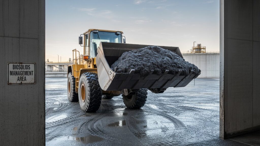 A photograph captures a powerful front-loader vehicle precisely centered on a vast, gray concrete slab within a municipal wastewater treatment plant. The front-loader’s bucket is heaped with a substantial mound of dark, almost black, sludge that glistens subtly with residual moisture. The vehicle's treads leave distinct patterns in the concrete, and its metallic surfaces reflect the diffused light filtering through the plant's industrial structures faintly visible in the background—tanks and pipes—under a slightly overcast sky. A single weathered sign reading "Biosolids Management Area" is mounted on a nearby pillar, subtly emphasizing the operational context.