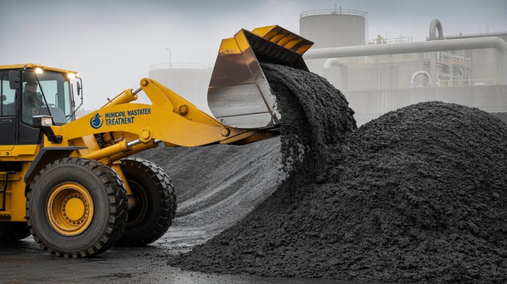 A photograph depicting a large, yellow front-loader with a bright "Municipal Wastewater Treatment" logo emblazoned on its side, actively scooping a massive pile of dark, damp sludge. The front-loader's bucket is nearly overflowing with the sludge, which has a slightly glistening texture and a rich brown color, contrasting against the smooth, grey concrete slab. Behind the machinery, cylindrical tanks and a network of industrial pipes are faintly visible, bathed in the diffused light of an overcast sky, creating a subtly moody, yet functional industrial scene. Soft, ambient lighting highlights the operational nature of biosolids handling, emphasizing the scale and activity of the treatment plant.