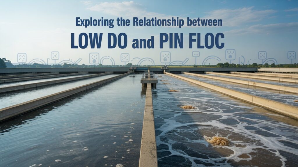 A photograph depicting a modern wastewater treatment plant designed as a blog header image for an article titled “Exploring the Relationship Between Low DO and Pin Floc”. The plant features a series of illuminated aeration basins with visibly churning water and adjacent secondary clarifiers filled with a thick, tan-colored activated sludge, creating a sense of depth and scale. Subtle surface bubbles and swirling patterns on the water’s surface are evident, symbolizing low dissolved oxygen conditions, with small, stylized icons of DO meters subtly incorporated into the background, reflecting the monitoring process. Soft, diffused lighting with a predominantly blue and gray color scheme creates a technical yet approachable aesthetic, hinting at environmental science and industrial design.