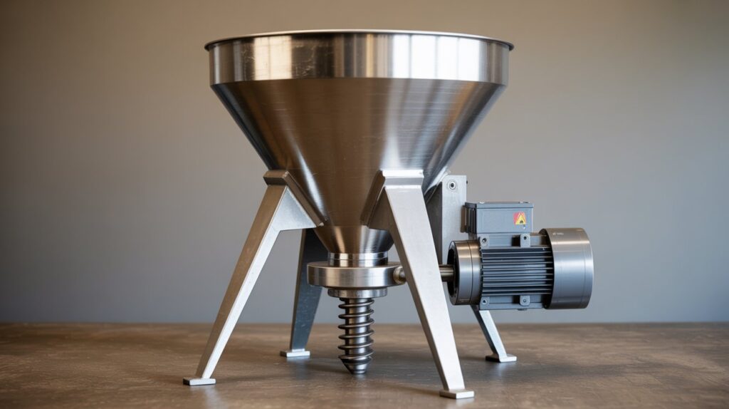 A photograph of a large stainless steel industrial volumetric screw feeder, designed for precision material handling. The feeder features a wide, funnel-shaped hopper that smoothly narrows to a screw-conveyor outlet, supported by sturdy, angled legs and driven by a compact side-mounted motor, all showcasing immaculate metallic surfaces. Subtle studio lighting highlights the feeder's clean lines and reflections, emphasizing its mechanical details against a seamless neutral gray background. The scene is captured with a shallow depth of field, focusing attention on the feeder's form and functionality, perfect for an engineering catalog illustration.