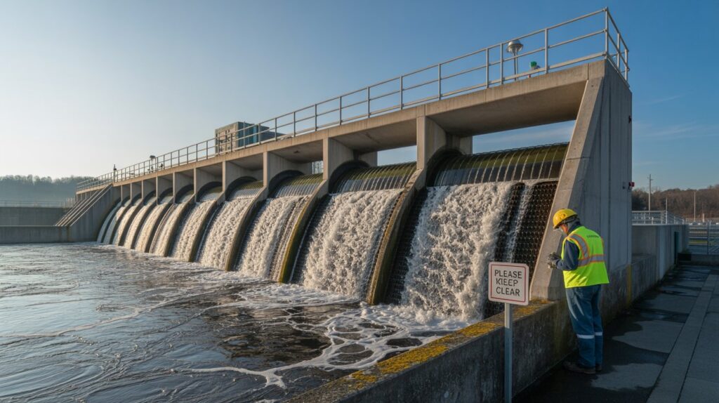 A photograph of a modern municipal wastewater treatment plant headworks bathed in the soft light of early morning. The massive concrete headworks structure dominates the frame, with cascading water visibly flowing over the screens and into the treatment basins. A lone worker in a bright yellow safety vest and hard hat stands near the edge of the channel, inspecting the equipment; a sign reads “"Please Keep Clear"”. The background features a clear blue sky and distant trees, creating a contrast between the industrial structure and the natural environment.