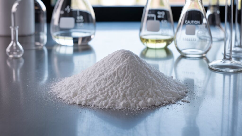 A photograph of a small pile of white slaked lime powder resting on a stainless steel laboratory counter. The lime powder is finely granulated, exhibiting a subtle textured surface and reflecting the light, with a few small clumps visible. Behind the lime, various laboratory glassware – beakers and flasks – are neatly arranged, hinting at ongoing scientific experimentation, while a subtle "CAUTION" label is visible on the glass. Soft, diffused lighting illuminates the scene, creating a clean and sterile atmosphere.