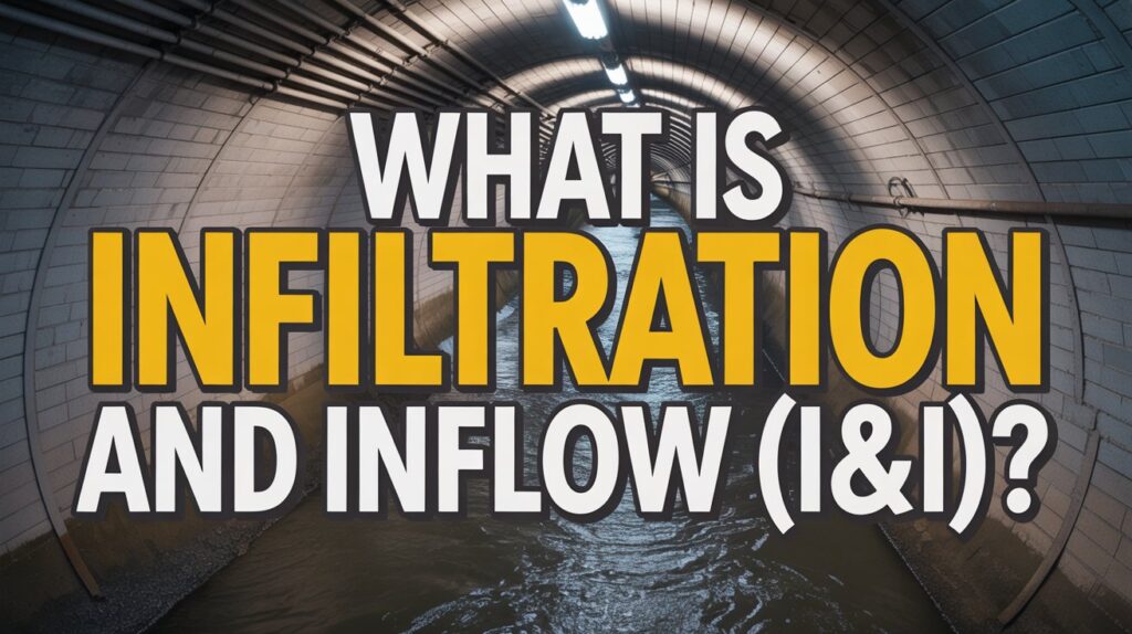 A vibrant YouTube thumbnail featuring an underground sewer tunnel system with arched concrete walls and flowing wastewater in the background. Bold, eye-catching text reading "What is Infiltration and Inflow (I&I)?" is prominently displayed across the center in bright yellow and white letters with thick black outlines and a subtle drop shadow for maximum readability. The sewer background shows realistic details like metal pipes, manholes, and water reflections, while a semi-transparent dark gradient overlay frames the edges to make the text pop. Dramatic lighting illuminates the tunnel from above, creating an engaging contrast between the industrial underground setting and the polished, professional title text.