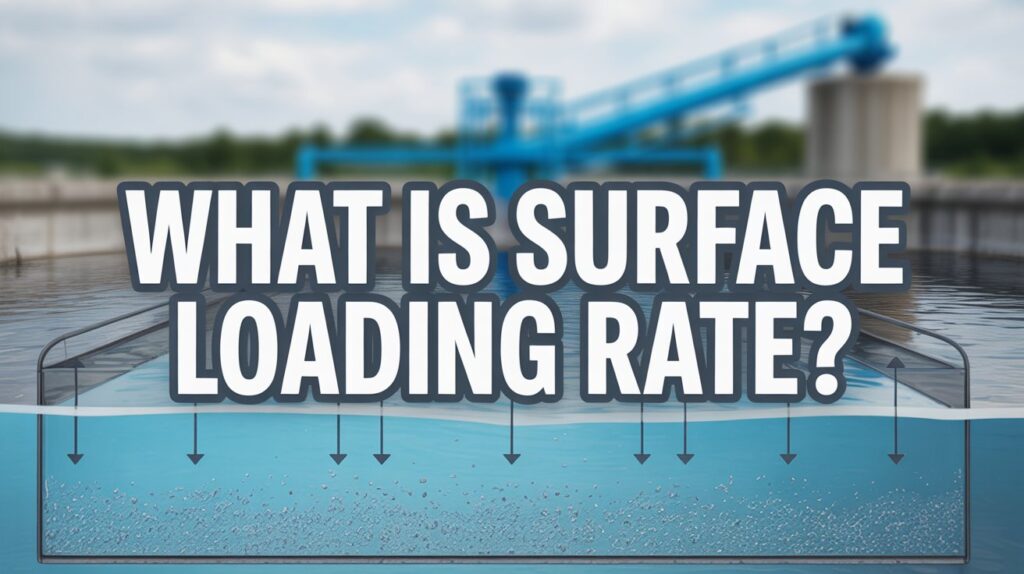 A YouTube thumbnail design featuring a cross-sectional diagram of a water treatment settling tank with particles settling through clear blue water. The technical illustration shows sediment particles gradually descending through different layers, with arrows indicating flow direction and settling zones clearly marked. Behind the main diagram, a blurred background shows industrial water treatment facility equipment in soft blue and gray tones. Bold white text with a dark blue outline prominently displays "What is Surface Loading Rate?" across the center, with a semi-transparent dark overlay ensuring maximum readability against the technical background.