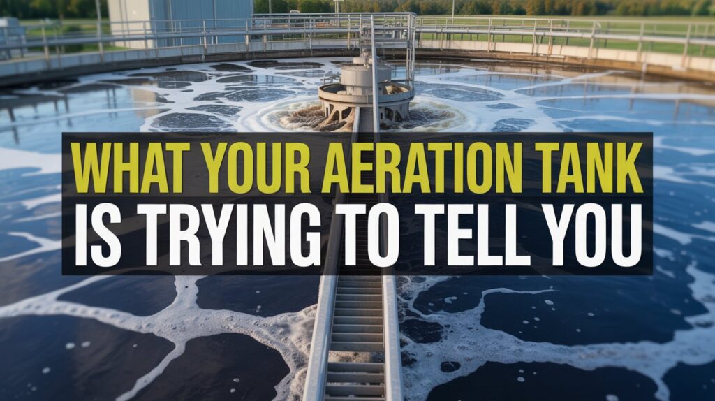 A YouTube thumbnail design featuring a large industrial aeration tank with bubbling water and mechanical aerators in the background. The tank shows active oxygenation with visible foam and turbulent water movement, set against a blue-tinted industrial facility backdrop. A bold, eye-catching text overlay reads "What Your Aeration Tank is Trying to Tell You" in bright white and yellow lettering with a dark semi-transparent background strip for maximum readability. The composition uses dramatic lighting and high contrast to create an engaging, professional thumbnail that clearly communicates the wastewater treatment theme.