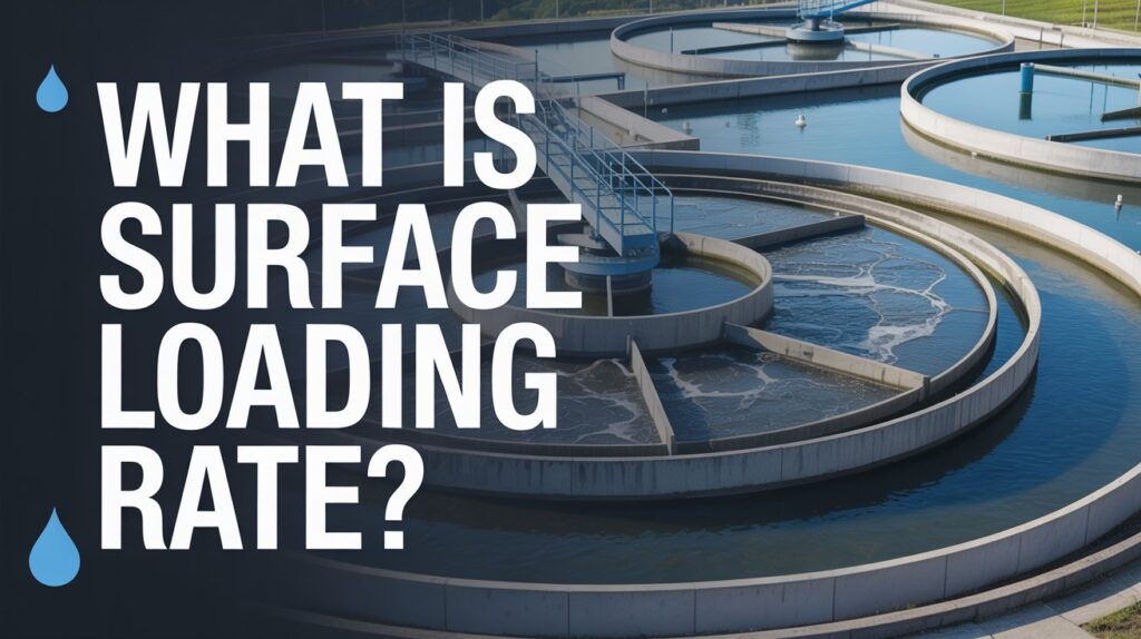 A YouTube thumbnail design featuring a cross-sectional diagram of a water treatment settling tank with particles settling through clear blue water. The technical illustration shows sediment particles gradually descending through different layers, with arrows indicating flow direction and settling zones clearly marked. Behind the main diagram, a blurred background shows industrial water treatment facility equipment in soft blue and gray tones. Bold white text with a dark blue outline prominently displays "What is Surface Loading Rate?" across the center, with a semi-transparent dark overlay ensuring maximum readability against the technical background.