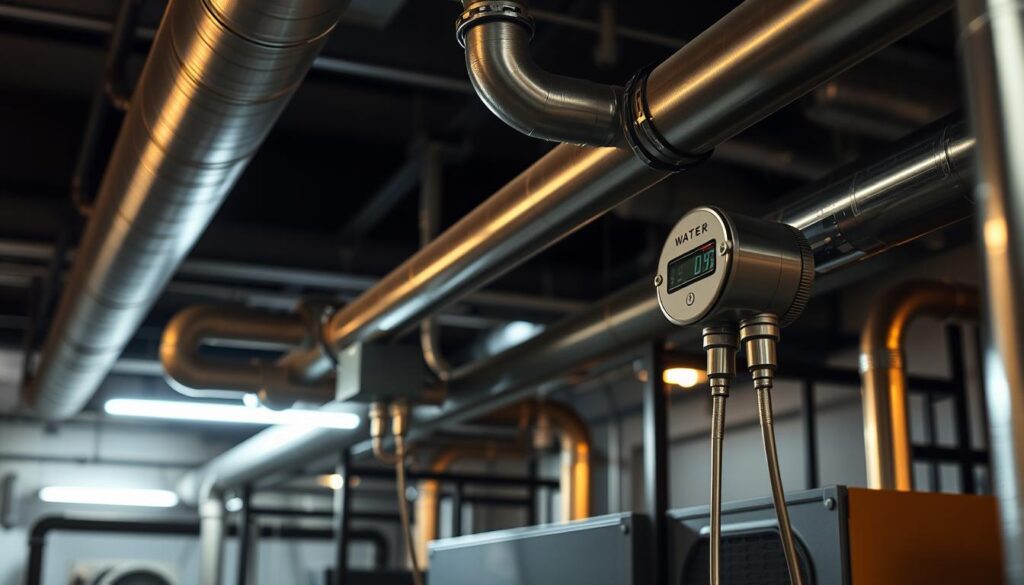 A dimly lit industrial setting, with water temperature sensors mounted on the pipes of an HVAC system. The sensors are sleek, metallic devices with digital readouts, strategically placed along the network of pipes. The scene is illuminated by subtle overhead lighting, casting a warm, industrial glow. The pipes themselves are brushed steel, adding a sense of functional sophistication. In the background, the silhouettes of mechanical equipment and ducts hint at the larger system at work. The overall atmosphere is one of precision, efficiency, and technical expertise.