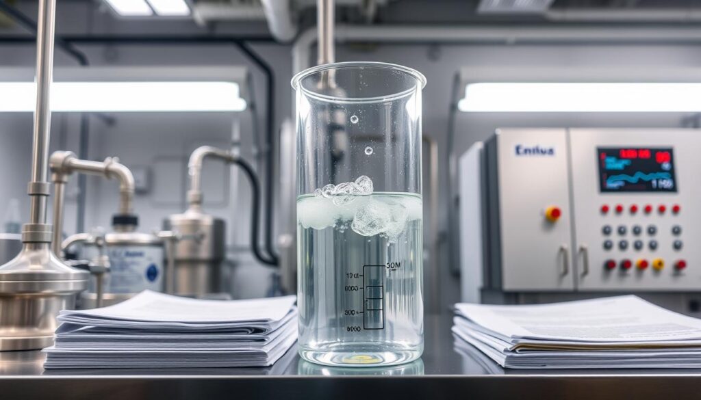 A sterile, well-lit laboratory setting, with a glass beaker filled with a clear, bubbling liquid - peracetic acid wastewater undergoing treatment. In the foreground, scientific instruments and equipment, their metallic surfaces gleaming under the bright overhead lighting. In the middle ground, regulatory documents and compliance guidelines are neatly stacked, conveying the importance of adhering to environmental regulations. The background features a sleek, modern control panel, its digital display showing real-time data and process parameters. The overall atmosphere is one of precision, control, and a commitment to environmental stewardship.