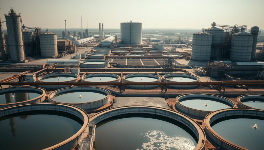 A vast industrial landscape, with a sprawling municipal wastewater treatment plant nestled amongst towering silos and pipes. In the foreground, a series of clarifier tanks, their circular shapes casting soft shadows on the ground. The middle ground features a network of aeration basins, where bubbles of air rise to the surface, agitating the water. In the background, a tall, imposing sedimentation tank stands like a sentinel, its sleek concrete walls reflecting the diffused sunlight. The scene is bathed in a warm, earthy tone, conveying the sense of a well-oiled, efficient operation at work, treating the city's wastewater with precision and care.