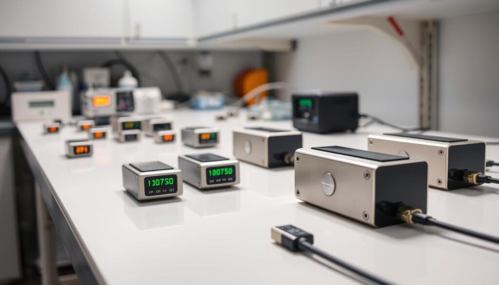 A well-lit laboratory setting, showcasing an assortment of semiconductor temperature sensors on a clean, white workbench. The sensors are arranged neatly, their sleek metallic casings and digital displays capturing the viewer's attention. Soft, directional lighting accentuates the intricate details of the devices, revealing their internal components and highlighting the precision engineering involved. The overall composition conveys a sense of scientific exploration and technological advancement, inviting the viewer to delve deeper into the world of semiconductor temperature sensing.