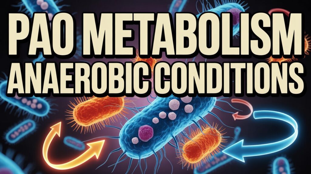 A dramatic scientific illustration featuring bold text "PAO METABOLISM" and "ANAEROBIC CONDITIONS" in large, contrasting fonts with a dark laboratory background. The centerpiece shows stylized bacterial cells or microorganisms in vibrant neon colors - electric blue and bright orange - with glowing metabolic pathways and energy transfer arrows swirling around them. The cells appear to be actively processing materials, with phosphorus granules depicted as glowing white spheres and organic compounds shown as flowing, luminescent streams. The overall composition uses high contrast lighting with deep blacks and brilliant accent colors, creating an urgent, scientific energy typical of educational YouTube thumbnails.