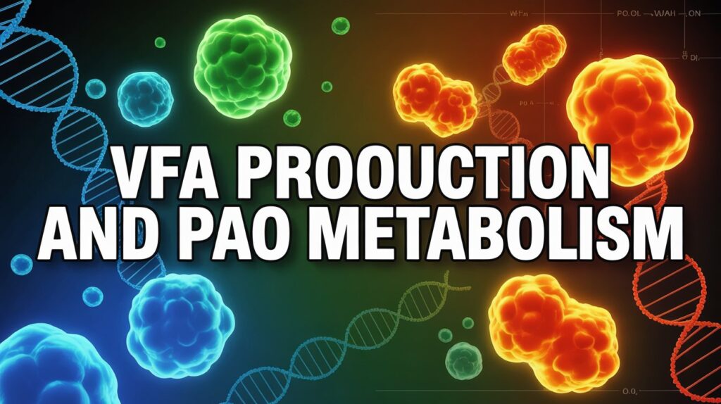 A dramatic YouTube thumbnail featuring bold scientific imagery with glowing molecular structures and metabolic pathways. The left side displays vibrant blue and green VFA (Volatile Fatty Acids) molecules floating in space, while the right side shows orange and red PAO (Polyphosphate Accumulating Organisms) cell structures with glowing phosphate granules. The title "VFA PRODUCTION AND PAO METABOLISM" appears in large, bold white text with a subtle drop shadow across the center of the image. The background features a dark gradient from deep blue to black, with subtle DNA helix patterns and scientific grid lines to emphasize the biotechnological theme.